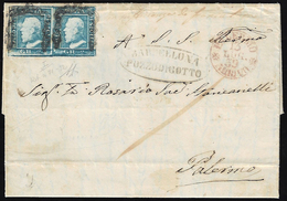 1859 - 2 Grana Azzurro, I Tavola (6), Coppia Orizzontale, Pos. 71 (ritocco) E 72, Perfetta, Su Lette... - Sicilia