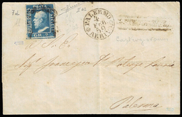 1859 - 2 Grana Azzurro Oltremare, II Tavola (7d), Pos. 42, Perfetto, Su Sovracoperta Di Lettera Da C... - Sicilia