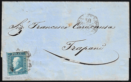 1859 - 2 Grana Azzurro Verdastro, III Tavola (8b), Perfetto, Su Lettera Da Palermo 30/6/1859 A Trapa... - Sicily