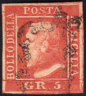 1859 - 5 Grana Rosa Vermiglio, I Tavola, Pos. 52 (9e), Usato, Perfetto. Raro Colore. Cert. Cardillo.... - Sicily