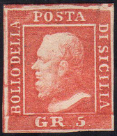 1859 - 5 Grana Vermiglio Chiaro, I Tavola, Ritocco N. 5 (10), Gomma Parziale, Perfetto. Emilio Diena... - Sicily