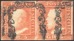 1859 - 5 Grana Vermiglio Vivo, II Tavola (11a), Coppia Orizzontale Pos. 59-60, Usata, Piega Orizzont... - Sicily