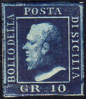 1859 - 10 Grana Azzurro Cupo (12), Gomma Originale, Perfetto. Ferrario.... - Sicilia