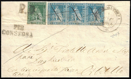 1854 - 2 Crazie Azzurro Chiaro, Striscia Di Tre, 4 Crazie Verde Giallo Scuro, Entrambi Su Carta Grig... - Tuscany