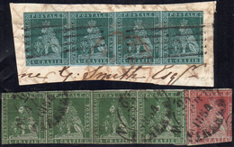 1851 - 4 Crazie Verde Azzurro Su Azzurro, Striscia Di Quattro Usata Su Frammento E 4 Crazie Verde Su... - Tuscany