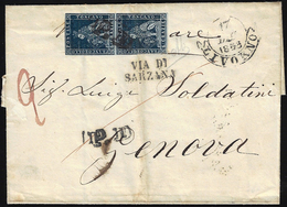 1853 - 6 Crazie Indaco Su Azzurro (7a), Coppia, Lievi Difetti, Su Sovracoperta Di Lettera Di Doppio ... - Tuscany