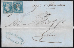 1863 - FRANCIA VIA MARE, Punti 7 - 20 Cent. Napoleone III, Dentellato (Francia 22), Coppia, Perfetta... - Sin Clasificación