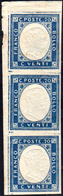 1861 - 20 Cent. Azzurro, Non Emesso (3), Striscia Verticale Di Tre, Angolo Di Foglio, Con Il Margine... - Otros & Sin Clasificación