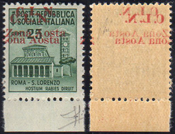 AOSTA 1944 - 25 Cent., Doppia Soprastampa Fortemente Spostata A Sinistra, Una Spostata In Alto, Con ... - National Liberation Committee (CLN)