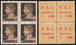 MANTOVA 1945 - 1,90  Su 10 Cent., Blocco Di Quattro Con Soprastampa Recto/verso (1aa), Perfetto, Gom... - Centraal Comité Van Het Nationaal Verzet (CLN)