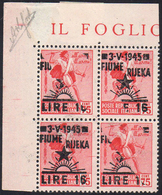 OCC. JUGOSLAVA FIUME 1945 - 16 L. Su 75 Cent., Blocco Di Quattro, Tre Francobolli Con Soprastampa Pa... - Other & Unclassified
