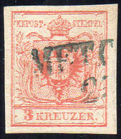 AUSTRIA 1850 - 3 K. Rosso, Carta A Macchina (3/I), Perfetto, Usato A Metcovich, Lineare Azzurrastro.... - Sonstige - Europa