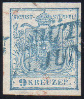 AUSTRIA 1850 - 9 K. Azzurro, Carta A Mano (5), Lieve Assottigliamento, Usato Con Annullo Azzurro.... - Autres - Europe