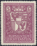 LIECHTENSTEIN 1935 - 5 Fr. Lilla Stemma (128), Gomma Originale Integra, Perfetto. Ferrario.... - Otros - Europa