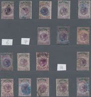 Indien: 1866 Provisional 6a. Violet Optd. "POSTAGE": Collection Of 17 Used Stamps With Different Typ - 1854 East India Company Administration