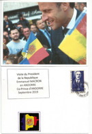 Visite Du President Macron,Co-Prince D'Andorre, Septembre 2019. De Gaulle Co-Prince Au Dos, Avec Cachet Andorre. - Lettres & Documents