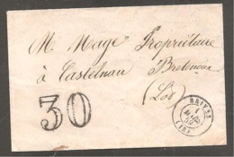 Lettre De  BRIVES   Correze  1859  + Taxe Tampon 30 - 1859-1959 Brieven & Documenten