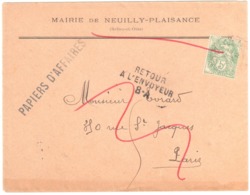 NEUILLY PLAISANCE Seine Oise PAPIERS D'AFFAIRES Entête MAIRIE Retour à L"Envoyeur 8A Dest Paris 5c Blanc Yv 111 Ob 1907 - Briefe U. Dokumente
