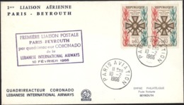 1ere Liaison Aérienne Paris Beyrouth Par Quadriréacteur Coronado Lebanese International Airways 10 Février 1966 - 1960-.... Covers & Documents