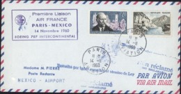 Première Liaison Air France Boeing 707 Intercontinental Paris Mexico 14 Nov 1960 Par Avion Air Mail  YT 1239 + 1271 - 1960-.... Lettres & Documents
