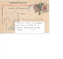 FRANCE CARTE EN FRANCHISE OBL TRESOR ET POSTE 8 + CACHET DETTACHEMENT 1916 - Guerre (timbres De)