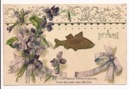 CPA 1er Avril Poisson Carte Gaufrée Fleurs Violettes - 1 De April (pescado De Abril)