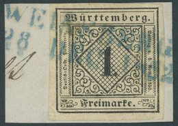 WÜRTTEMBERG 1b BrfStk, 1851, 1 Kr. Schwarz Auf Sämisch, Blauer L2 WEINSBERG, Allseits Breitrandig, Prachtbriefstück - Other & Unclassified
