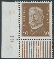 Dt. Reich 420 **, 1928, 50 Pf. Hindenburg, Untere Linke Bogenecke Mit Bogennummer, Pracht, Gepr. Schlegel - Used Stamps