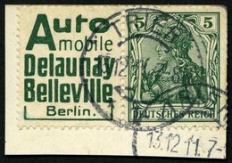 ZUSAMMENDRUCKE W 2.6 BrfStk, 1911, Automobile + 5 Pf. Auf Postkartenabschnitt, Feinst (rechte Obere Ecke Angestoßen), Mi - Zusammendrucke