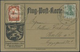 ZEPPELINPOST 10 BRIEF, 1912, 10 Pf. Flp. Am Rhein Und Main Auf Flugpostkarte Mit 5 Pf. Zusatzfrankatur, Sonderstempel Da - Luft- Und Zeppelinpost