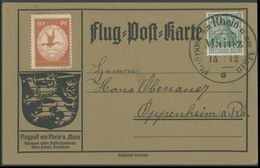 ZEPPELINPOST 10 BRIEF, 1912, 10 Pf. Flp. Am Rhein Und Main Auf Flugpostkarte Mit 5 Pf. Zusatzfrankatur, Sonderstempel Ma - Luft- Und Zeppelinpost