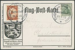 ZEPPELINPOST 11 BRIEF, 1912, 20 Pf. Flp. Am Rhein Und Main Auf Flugpostkarte Mit 5 Pf. Zusatzfrankatur, Sonderstempel Da - Luft- Und Zeppelinpost
