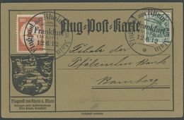 ZEPPELINPOST 11 BRIEF, 1912, 20 Pf. Flp. Am Rhein Und Main Auf Flugpostkarte Mit 5 Pf. Zusatzfrankatur, Sonderstempel Fr - Luft- Und Zeppelinpost