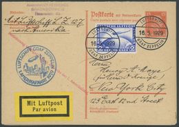 ZEPPELINPOST 26B,27A BRIEF, 1929, Amerikafahrt, 15 Pf. Ganzsachenkarte (P 173) Als Bordpost Mit 2 RM, Verzögerungsstempe - Correo Aéreo & Zeppelin