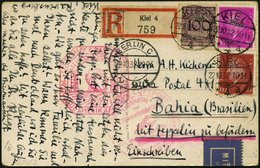 ZEPPELINPOST 195B BRIEF, 1932, 9. Südamerikafahrt, Anschlußflug Ab Berlin, Einschreib-Bedarfskarte Von KIEL Nach Bahia,  - Correo Aéreo & Zeppelin