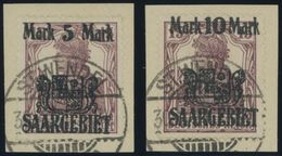 SAARGEBIET 51/2 BrfStk, 1921, 5 M. Auf 15 Pf. Und 10 M. Auf 15. Pf., Stempel ST. WENDEL, 2 Prachtbriefstücke - Otros & Sin Clasificación