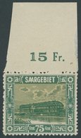 SAARGEBIET 93I **, 1922, 75 C. Steingutfabrik Mit Plattenfehler Großer Scheinwerfer In Kaimauer, Oberrandstück, Postfris - Sonstige & Ohne Zuordnung