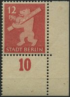 BERLIN UND BRANDENBURG 5AAwax **, 1945, 12 Pf. Mittelkarminrot, Graurosa Papier, Glatter Gummi, Untere Rechte Bogenecke, - Other & Unclassified