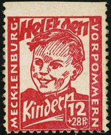 MECKLENBURG-VORPOMMERN 28bUo (*), 1945, 12 Pf. Dunkelrosa Kinderhilfe, Oben Ungezähnt, Gummi Nicht Original, Gepr. Ziere - Other & Unclassified