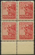 MECKLENBURG-VORPOMMERN 36zz VB **, 1946, 12 Pf. Rot, Dünnes Papier, Diagonal Genetzte Gummierung, Im Viererblock Vom Unt - Other & Unclassified