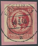 THÜRINGEN 97AXaqU BrfStk, 1945, 12 Pf. Karminrot, Vollgummierung, Graues Kartonpapier, Ungezähnt, Prachtbriefstück, Gepr - Sonstige & Ohne Zuordnung