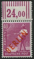 BERLIN 29WOR **, 1949, 40 Pf. Rotaufdruck, Walzendruck, Oberrandstück, Pracht, Gepr. D. Schlegel, Mi. 400.- - Sonstige & Ohne Zuordnung