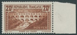 FRANKREICH 242A **, 1929, 20 Fr. Brücke über Den Gard, Gezähnt K 131/2, Rechtes Randstück, Normale Zähnung, Postfrisch,  - Other & Unclassified