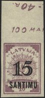 LETTLAND 114U **, 1927, 15 S. Auf 40 K. Lila, Ungezähnt, Oberrandstück, Pracht, RR! - Latvia