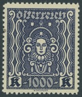 ÖSTERREICH 1918-1938 404B **, 1922, 1000 Kr. Schwarzblau, Gezähnt L 111/2, Herstellungsbedingter Papierpunkt, Postfrisch - Sonstige & Ohne Zuordnung