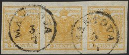 LOMBARDEI UND VENETIEN 1Xa O, 1850, 5 C. Ockergelb, Handpapier, Im Waagerechten Dreierstreifen, K1 MANTOVA, Pracht - Lombardo-Veneto