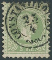 POST IN DER LEVANTE 2Ia O, 1867, 3 So. Grün, Grober Druck, K2 CONSTANTINOPEL, Pracht, Gepr. W. Engel, Mi. 85.- - Eastern Austria