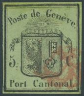 GENF 3 O, 1845, 5 C. Schwarz Auf Lebhaftgelboliv Kleiner Adler, Repariert Wie Pracht, Mi. (1600.-) - 1843-1852 Correos Federales Y Cantonales