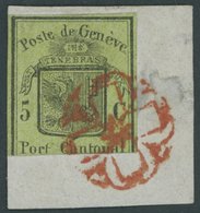 GENF 4 BrfStk, 1847, 5 C. Schwarz Auf Lebhaftgelboliv Großer Adler Mit Roter Rosette Auf Briefstück, Unten Beschnitten,  - 1843-1852 Kantonalmarken Und Bundesmarken