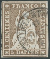 SCHWEIZ BUNDESPOST 13IIBys O, 1856, 5 Rp. Braun, Schwarzer Seidenfaden, Berner Druck II, (Zst. 22D), K1 WINTERTHUR, Alls - 1843-1852 Kantonalmarken Und Bundesmarken